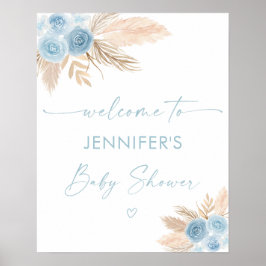 Boho Blue Pampas Grass Baby shower Welkom Poster