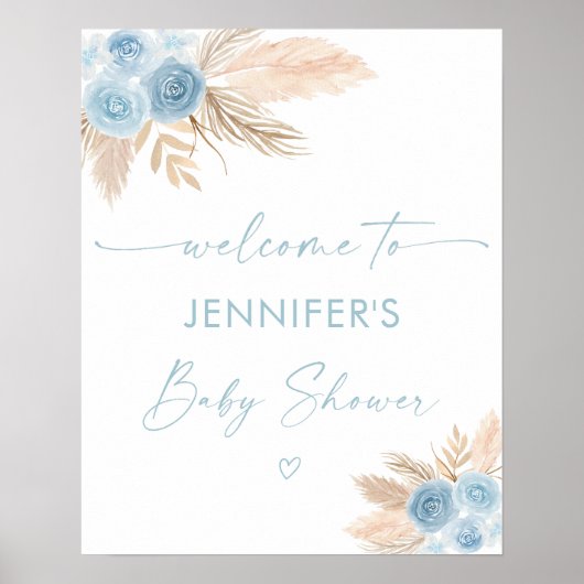 Boho Blue Pampas Grass Baby shower Welkom Poster (Voorkant)