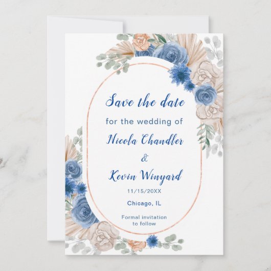 Boho Blue Pampas Grass Bewaar de datum Save The Date (Voorkant)