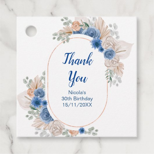 Boho Blue Pampas Grass Birthday Bedankjes Labels (Voorkant)