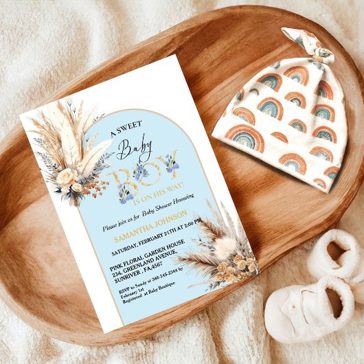 Boho Blue Pampas Grass Desert Baby Boy Baby shower Kaart