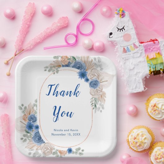 Boho Blue Pampas Grass Papieren Bordje (Feest)