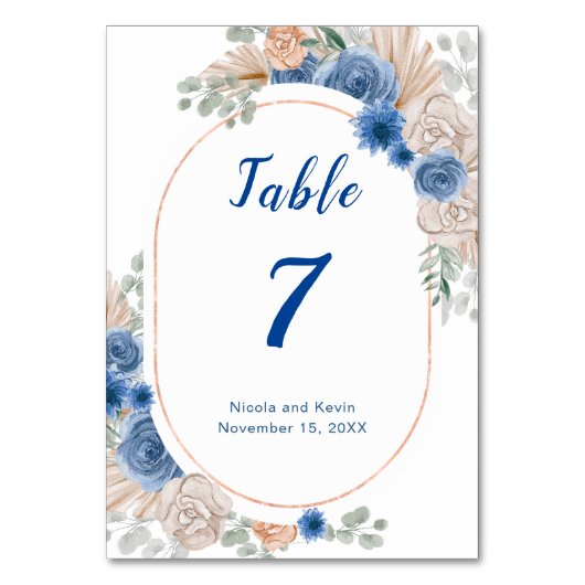 Boho Blue Pampas Grass Tafel Nummer Kaart (Voorkant)