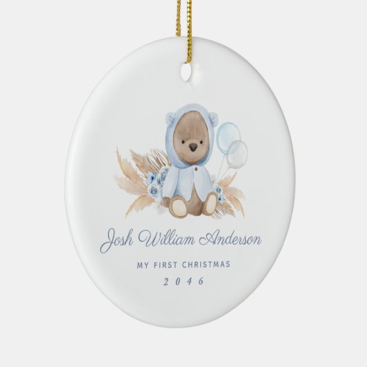 Boho Blue Pampas Grass Teddy Bear Holiday Ornament (Rechts)