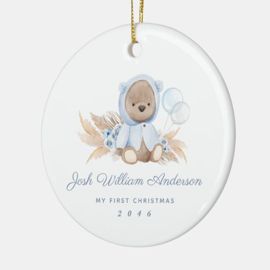 Boho Blue Pampas Grass Teddy Bear Holiday Ornament (Links)
