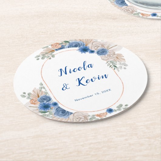 Boho Blue Pampas Grass Wedding Ronde Kartonnen Onderzetter (Gebogen)