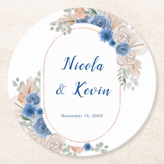 Boho Blue Pampas Grass Wedding Ronde Kartonnen Onderzetter (Voorkant)