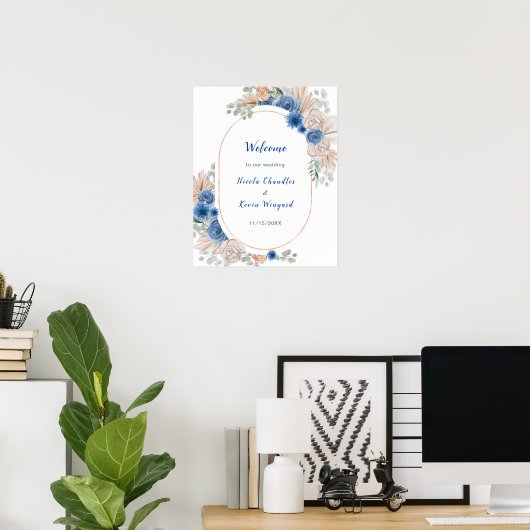 Boho Blue Pampas Grass Wedding Welkom Poster (Thuiskantoor)