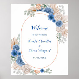 Boho Blue Pampas Grass Wedding Welkom Poster