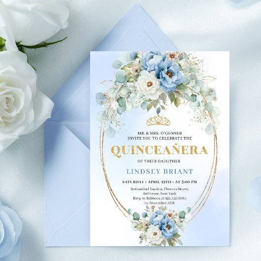 Boho Blue Peonies Eucalyptus Quinceañera Download Kaart