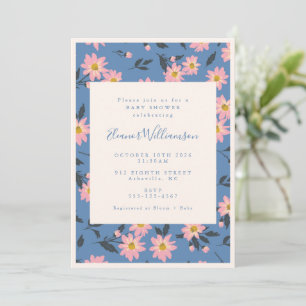 Boho Blue Pink Floral Baby shower Kaart