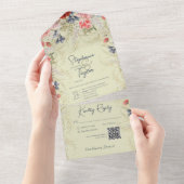 Boho Blue & Pink Floral Sage Green QR Code All In One Uitnodiging (Afscheurbaar)