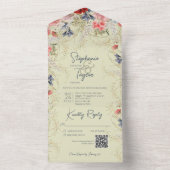 Boho Blue & Pink Floral Sage Green QR Code All In One Uitnodiging (Binnen)