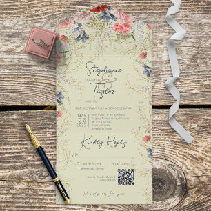 Boho Blue & Pink Floral Sage Green QR Code All In One Uitnodiging