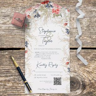 Boho Blue & Pink Floral White QR Code All In One Uitnodiging