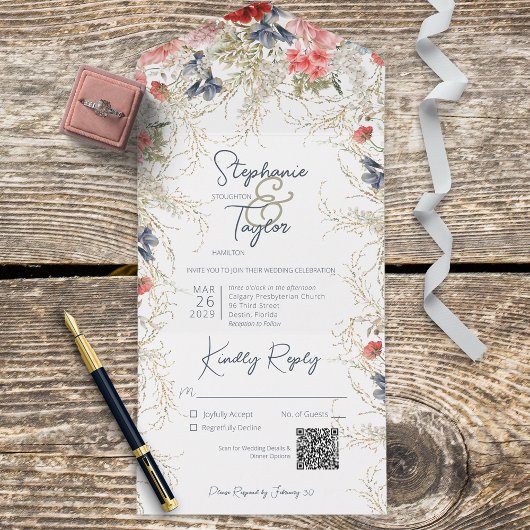 Boho Blue & Pink Floral White QR Code All In One Uitnodiging
