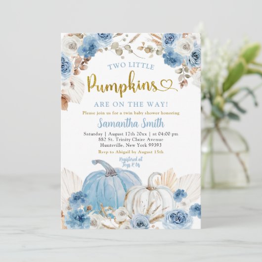 Boho Blue Pumpkin Twins Boy Baby shower Kaart (Staand voorkant)
