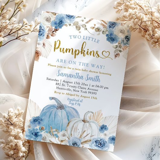 Boho Blue Pumpkin Twins Boy Baby shower Kaart