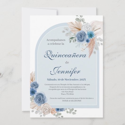 Boho Blue Quinceanera uitnodiging (Voorkant)
