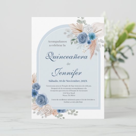Boho Blue Quinceanera uitnodiging (Staand voorkant)