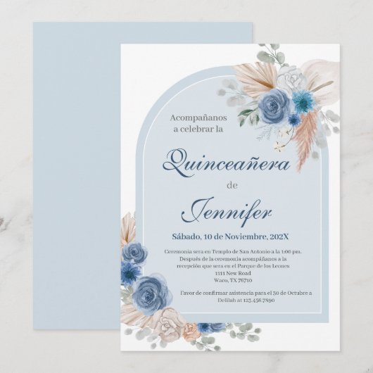 Boho Blue Quinceanera uitnodiging (Voorkant / Achterkant)