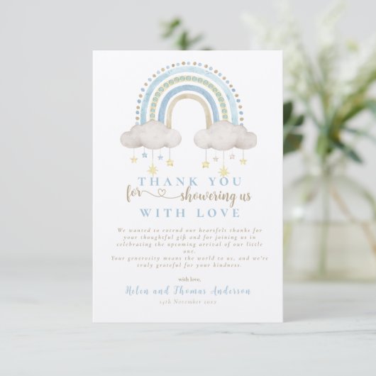 Boho Blue Rainbow-Baby shower Bedankkaart (Staand voorkant)