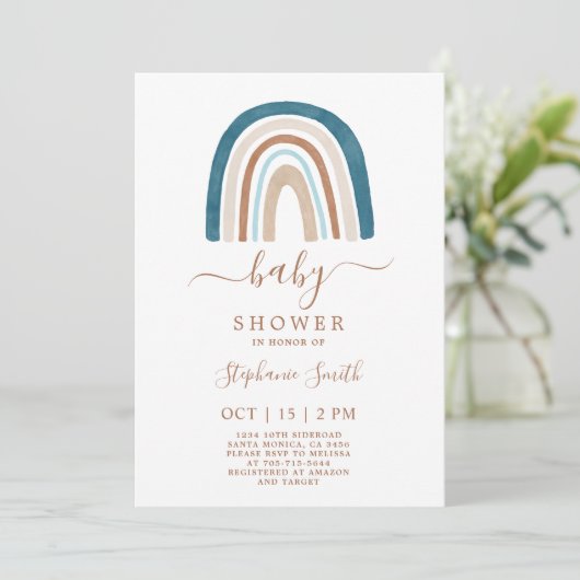 Boho Blue Rainbow Baby shower Boy Invitation Kaart (Staand voorkant)