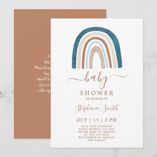 Boho Blue Rainbow Baby shower Boy Invitation Kaart (Voorkant / Achterkant)