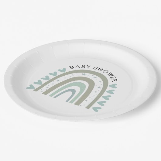 Boho Blue Rainbow Baby Shower Papieren Bordje (Gekanteld)