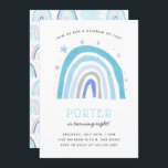 Boho Blue Rainbow Kids Birthday Party Kaart<br><div class="desc">Een sjabloon met een handgetekende regenboog in blauwe kleuren met sterren rond het thema verjaardagsfeestdag. Bovenaan staat de tekst: "Doe mee voor een regenboog van plezier!" Ideaal voor een magisch feestje van een jongen.</div>
