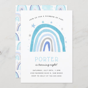 Boho Blue Rainbow Kids Birthday Party Kaart