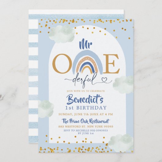 Boho Blue Rainbow Mr Onederful Boy's Birthday Kaart (Voorkant / Achterkant)