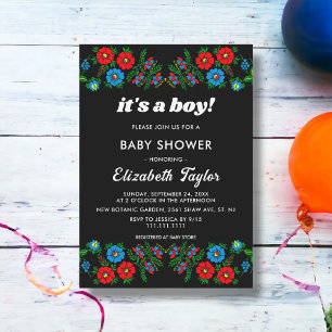 Boho Blue Red Roses Zwart Bloemen Jongen Baby show Kaart