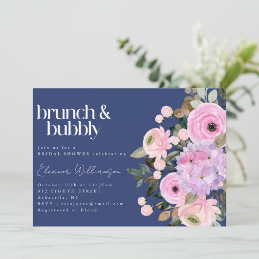 Boho Blue Roze Paarse Bloemen Brunch Bubble Shower Kaart (Staand voorkant)