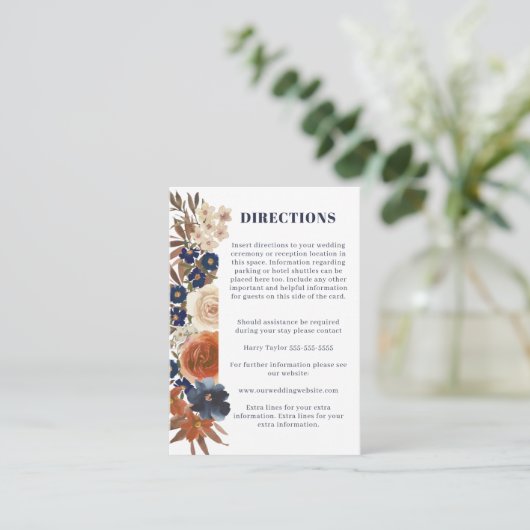 Boho Blue Rust Floral Reception Directions Wedding Informatiekaartje (Staand voorkant)