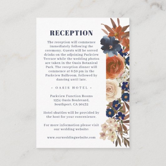 Boho Blue Rust Floral Reception Directions Wedding Informatiekaartje (Achterkant)
