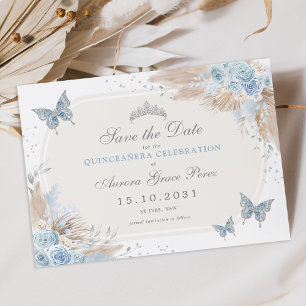 Boho Blue Silver Floral Quinceanera Bewaar de datu Aankondiging