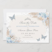 Boho Blue Silver Floral Quinceanera Bewaar de datu Aankondiging (Voorkant)