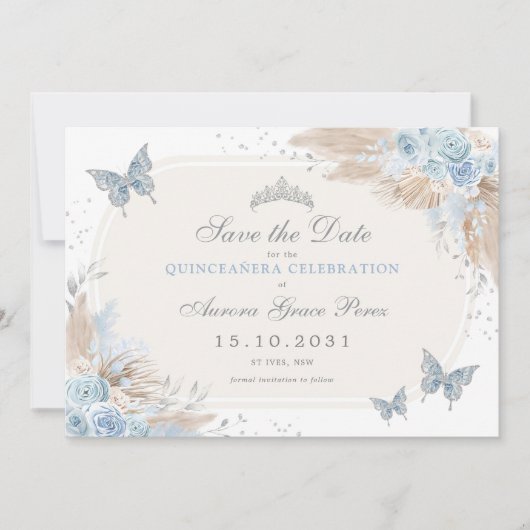 Boho Blue Silver Floral Quinceanera Bewaar de datu Aankondiging (Voorkant)