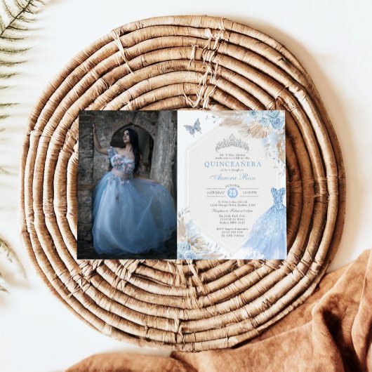 Boho Blue Silver Quinceañera 15th Birthday Foto Kaart