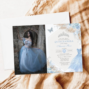 Boho Blue Silver Quinceañera 15th Birthday Foto Kaart