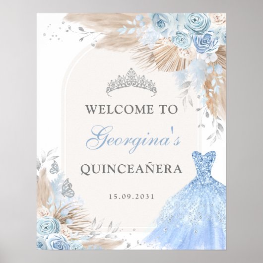 Boho Blue Silver Quinceañera 15th Birthday Welkom Poster (Voorkant)