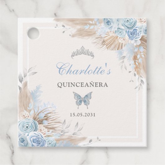 Boho Blue Silver Quinceanera Miss Quince 15 Bedankjes Labels (Voorkant)