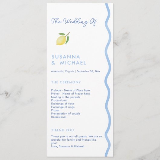 Boho Blue Squiggle Border Lemon Wedding Programma Programmakaart (Voorkant)