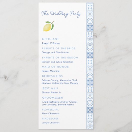 Boho Blue Squiggle Border Lemon Wedding Programma Programmakaart (Achterkant)