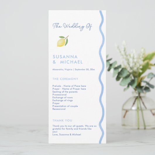 Boho Blue Squiggle Border Lemon Wedding Programma Programmakaart (Staand voorkant)