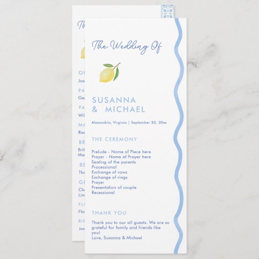 Boho Blue Squiggle Border Lemon Wedding Programma Programmakaart (Voorkant / Achterkant)