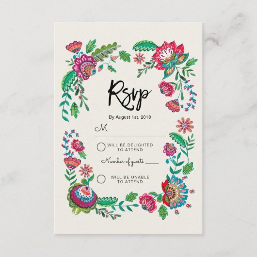 Boho Blue Stripe Folk Flowers | Rsvp Reply Wedding (Voorkant)