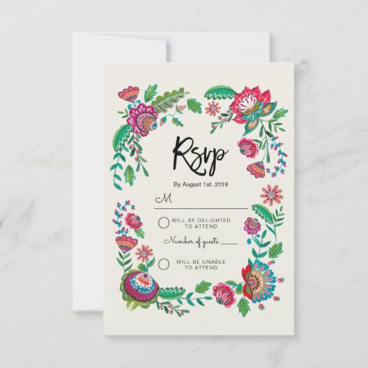 Boho Blue Stripe Folk Flowers | Rsvp Reply Wedding Kaartje (Voorkant)