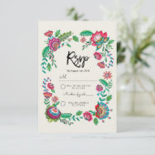 Boho Blue Stripe Folk Flowers | Rsvp Reply Wedding Kaartje (Staand voorkant)